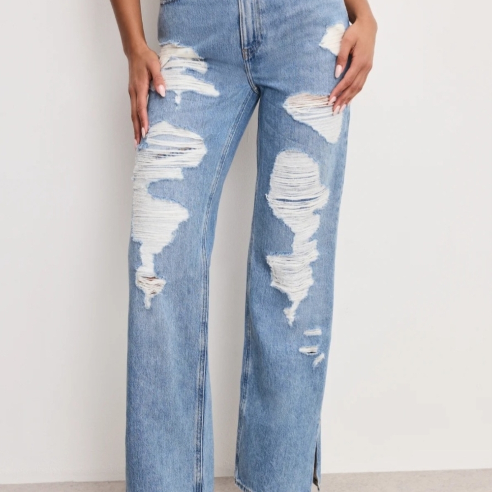 Good American Light Blue High-Rise Distressed Wide-Leg Jeans